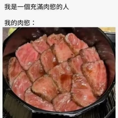 图片上方配有文字“我是一个充满肉欲的人”和“我的肉欲：”，下方是一张特写照片，展示了一锅切片的鲜嫩肉片，肉质呈现诱人的粉红色，表面似乎有酱汁，看起来多汁且美味。整体通过文字与食物图片的结合，以幽默的方式表达对肉类美食的强烈渴望，其中“肉欲”一词在这里被巧妙地从可能的引申义转为字面意思，指对肉类的喜爱和渴望，形成有趣的反差萌。