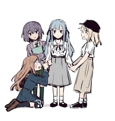 这是一幅二次元卡通插画，描绘了校园女生间的人际小矛盾场景：棕发少女跪在地上，崩溃大哭着紧紧攥住蓝发少女的手腕；蓝发少女表情冷漠，与右侧戴黑帽的金发少女牵着手，仿佛无视了哭泣的人；左侧紫发少女手持本子，一脸惊讶地看着眼前的画面，像是对发生的事感到意外。整体画面细腻地表现了小圈子里被“孤立”的少女的崩溃情绪，以及其他人不同的反应。