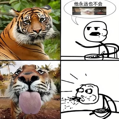 这是一幅采用经典“麦片哥”梗图框架创作的四格搞笑拼接图。第一格展示了一只神态威严、表情严肃的老虎，营造出凶猛的动物形象；第二格是坐在餐桌前吃麦片的简笔画小人，他的对话气泡里配有一张吐舌搞怪的猫咪图，配文“他永远也不会”，暗示老虎绝不会做出这种滑稽的猫咪动作；第三格画风突变，老虎突然凑近镜头，吐出大舌头做出搞怪的表情，完全打破了之前的威严形象；第四格是简笔画小人看到这一幕后，震惊到将嘴里的麦片喷了出来，强烈的反差感制造出十足的搞笑效果，通过动物形象的反转和梗图的经典结构，让整个画面充满趣味性。