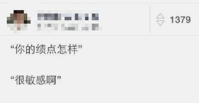 这是一张社交媒体平台的截图，画面顶部有一个打码的用户头像，右侧显示该内容获得了1379个点赞。截图核心内容是一段玩谐音梗的搞笑对话：提问者问“你的绩点怎样”，回答者回应“很敏感啊”。这里利用“绩点”与“几点”（询问时间）的谐音，让回答形成一语双关的效果：既可以对应询问时间场景下“这个时间点很敏感”，也契合学生群体中绩点是敏感话题的现状，戳中了学生对于绩点的在意与回避心理，容易引发学生群体的共鸣，因此获得较高点赞量。