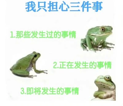 图片为白色背景的图文混排内容，顶部有蓝色文字“我只担心三件事”，下方分三点用绿色文字列出：“1.那些发生过的事情”“2.正在发生的事情”“3.即将发生的事情”，每段文字旁配有一只姿态各异的绿色青蛙照片，分别对应对过去、现在和未来事情的担忧，整体风格幽默地表达了过度焦虑的状态。
