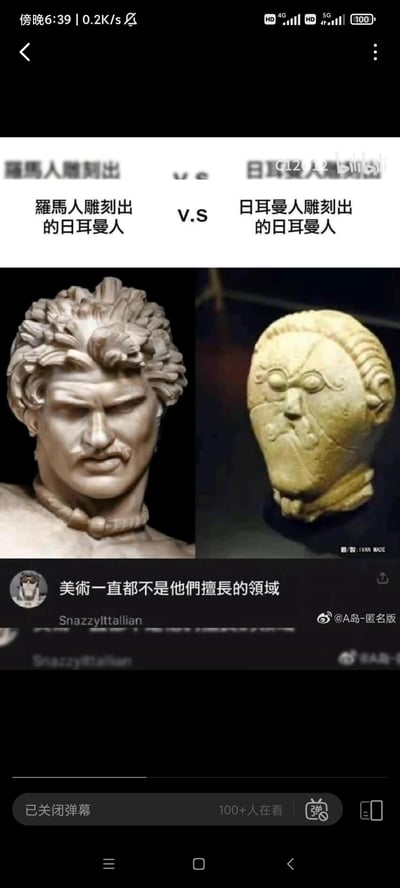 这是一张对比类搞笑梗图，左侧是罗马人雕刻的日耳曼人雕塑，风格写实精致，面部细节丰富，呈现出硬朗冷峻的日耳曼人形象；右侧是日耳曼人自己雕刻的日耳曼人头部雕塑，风格粗犷抽象，造型古朴简约。图中用「V.S」标注两者对比，下方配网友评论「美術一直都不是他們擅長的領域」，通过两种艺术风格的巨大反差，调侃日耳曼人在古典雕塑艺术上和罗马的差距，制造搞笑效果。