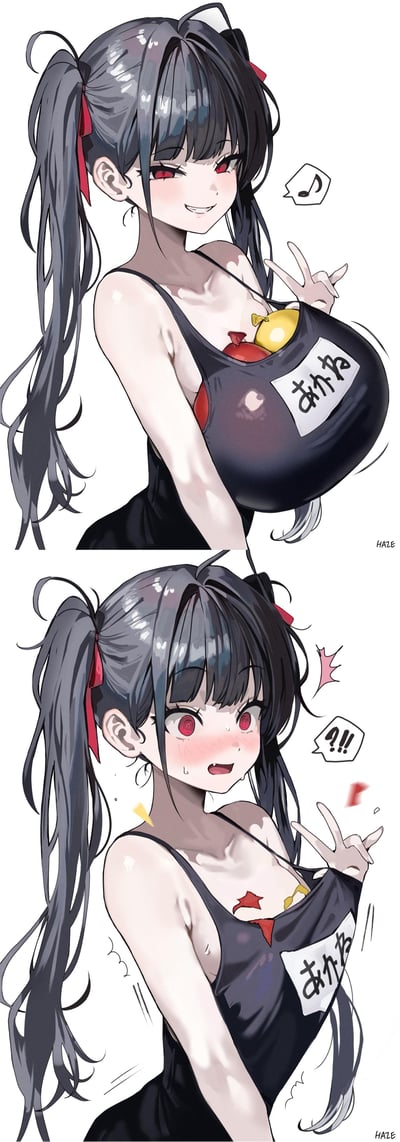 上下拼接的动漫风格插画，展示了一位双马尾黑发少女。上半部分中，少女面带微笑，眼睛微红，正在比出和平手势，穿着黑色背心，胸前有食物和写有'おかわり'(再来一份)的标签，旁边有音符符号。下半部分中，少女表情更加惊讶，眼睛睁大，周围有感叹号和星形符号，胸前食物有所散落。整体风格可爱俏皮，色彩鲜明。