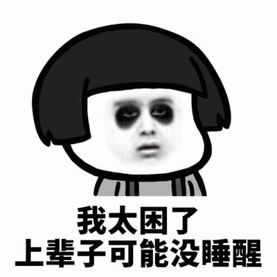一张表达极度困倦的网络梗图，画面主体是一个有着卡通发型的人物头部，其面部被替换成带有明显黑眼圈的真人困倦表情。图片下方配有文字'我太困了 上辈子可能没睡醒'，用夸张的方式表达了强烈的睡意。