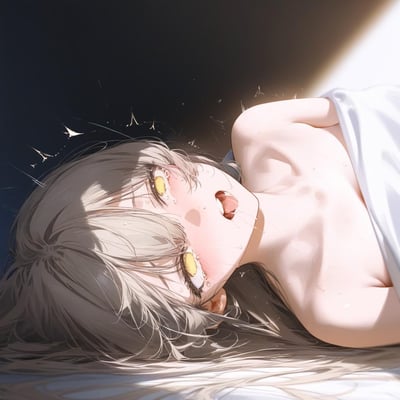 一张动漫风格的插画，描绘了一位银发少女仰躺在黑暗背景中。她有着黄色的眼眸，脸上带着泪痕，嘴巴微张，表情悲伤而脆弱。画面中光线从右上角照射进来，形成强烈的光影对比，增添了画面的氛围感。少女的肩膀和部分上身裸露，被白色的布料轻轻覆盖。背景中有点点星光般的特效，增强了梦幻感。