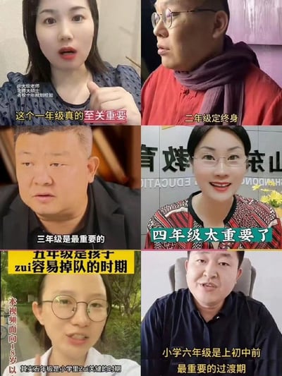 一张2×3网格布局的多图拼接梗图，包含六位不同真人的视频截图，每人对应小学一个年级（1-6年级），并配有强调该年级“至关重要”的文字。从“一年级真的至关重要”到“六年级是上初中前最重要的过渡期”，通过重复强调不同阶段的“唯一性重要性”，形成幽默反差，讽刺当前教育领域中过度渲染各阶段焦虑的现象。