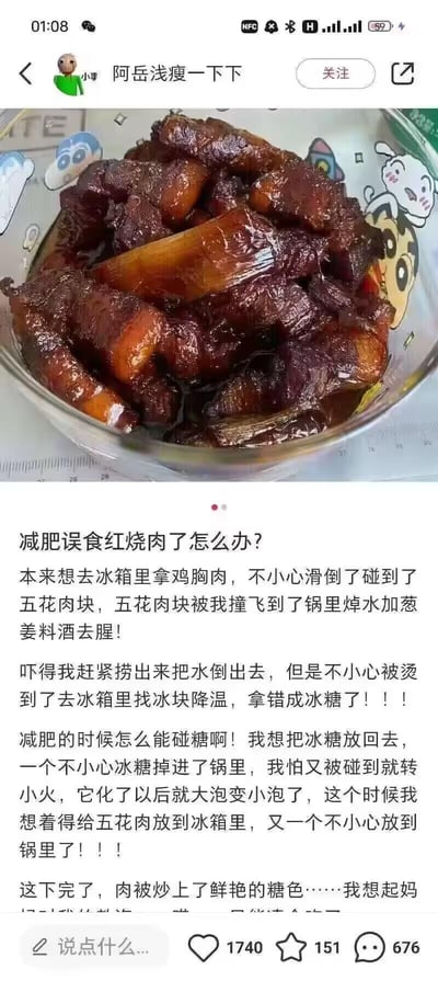 这是一条来自社交媒体的搞笑减肥相关内容，博主自称在减肥期间本想拿鸡胸肉，却接连发生一连串“不小心”的意外：滑倒碰飞五花肉块到焯水的锅里，之后拿冰块降温错拿成冰糖，冰糖掉进锅后转小火，又误把五花肉放进锅里炒出糖色，最后做成了一碗色泽诱人的红烧肉。博主用一本正经的“误食”借口，合理化自己吃红烧肉的行为，充满了自我调侃的趣味，精准戳中减肥人士嘴馋又想找借口的真实心态。