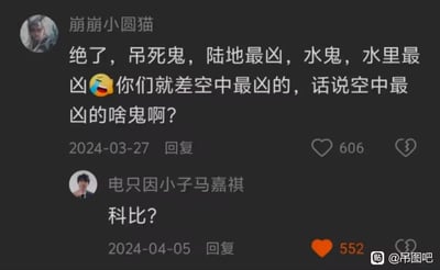 这张图片是一组网络评论区的搞笑对话截图，主题讨论了“哪种鬼最凶”。楼主列举了吊死鬼（空中）、陆地鬼（水里最凶）、水鬼（水里最凶）。接着抛出了一个有趣的问题：空气中最凶的鬼是哪一个？一位评论者机智回应：“科比？”。这是利用了“空中最凶的鬼”和NBA球星科比·布莱恩特（Kobe Bryant）的中文谐音梗，既点出了“空中飞人”科比在篮球场上的“凶猛”，又顺畅贴合了楼主设问，引发网友共鸣和爆笑。

双关梗说明：
- “空中最凶的鬼”既是字面意思的“空气中的鬼”，也巧妙借用“Kobe/科比”音译和“鬼”字尾，既搞笑又有谐音双关。