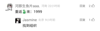 这是一张横版的社交媒体评论区截图，展示了两条来自不同地区玩家的互动评论。第一条评论由来自河南的用户“河豚生鱼片aaa.”在22小时前发布，内容为“重返🐍来：1999”，其中用蛇的emoji谐音“未来”的“未”，指代二次元策略游戏《重返未来：1999》，以此表明自己是该游戏的玩家，这条评论获得了2个点赞；第二条评论由来自北京的用户“Jasmine”在9小时前发布，内容为“找到组织”，表达自己找到了同好群体的欣喜，这条评论获得了1个点赞。整体场景是玩家通过带有暗号性质的谐音内容在评论区寻找同好，充满了玩家社群的趣味互动氛围。
