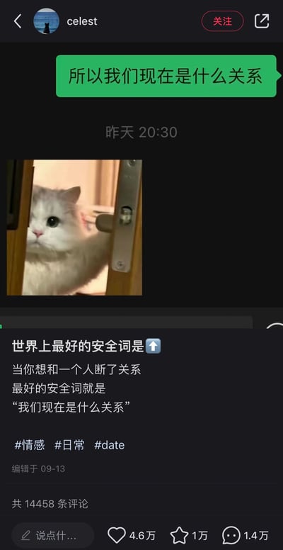 社交媒体平台用户“celest”发布的一条图文内容，顶部为绿色对话气泡“所以我们现在是什么关系”，下方配图是一只白猫扒着门把手从门缝中偷看的照片，图片下方文字解释“世界上最好的安全词是↑ 当你想和一个人断了关系 最好的安全词就是‘我们现在是什么关系’”，并带有#情感 #日常 #date 标签。内容以幽默调侃的方式讨论情感关系中的“安全词”，整体风格轻松有趣。