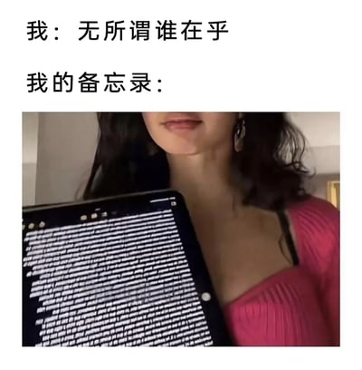 这是一张充满共鸣感的网络自嘲梗图，通过上下对比的形式，精准刻画了当代人“嘴硬心软、情绪内敛”的状态：上方文字是“我：无所谓谁在乎”，展现出一副对外界毫不在意、洒脱随性的外在态度；下方则是一位手持平板的女性，平板屏幕上布满了密密麻麻的文字，对应“我的备忘录”，暗示着创作者内心积压了大量未对外表露的心事、情绪与想法，外在的淡然和内在的细腻形成强烈反差，戳中了很多人习惯将私密情绪藏在备忘录、不愿轻易外露的心理。