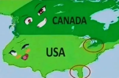 这是一张将加拿大和美国地图拟人化的卡通图片。上方的加拿大地图被绘制成绿色，带有微笑的表情和红色的眼睛；下方的美国地图同样为绿色，有着俏皮的眨眼表情和微红的脸颊。两国地图以相邻的位置呈现，整体风格可爱友好。