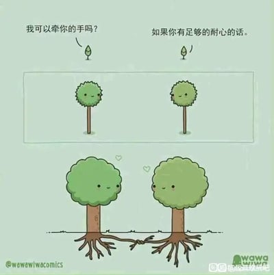 这是一幅温馨治愈的连环卡通图，分为上下两个部分。上半部分中，两棵带着温和表情的小树苗相隔一段距离，左侧的小树带着期待的语气询问右侧的小树：“我可以牵你的手吗？”，右侧小树回应道：“如果你有足够的耐心的话。”。下半部分展示了时光流逝后的场景，两棵树苗都长成了大树，它们的树根在地下缠绕打结，如同牵起了手，树冠旁还冒出了爱心图案，用树木生长的特性，诠释了一种缓慢却无比坚定的浪漫，将“牵手”这个人类的浪漫行为，用树木的根须来实现，创意十足又充满温情。