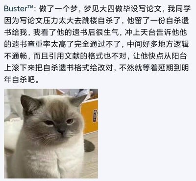 这是一张图文混排的搞笑梗图，上方是用户Buster™分享的荒诞梦境：大四做毕设写论文期间，梦见同学因论文压力过大要跳楼自杀，还留下了遗书，结果自己看到遗书后，关注点完全跑偏，因为遗书查重率过高、逻辑不通、引用格式错误而生气，冲上天台要求同学下来修改遗书，不然就延期到明年自杀。下方搭配了一张表情烦躁、满脸嫌弃的猫咪照片，精准还原了被毕设论文折磨到心态扭曲、关注点离谱的崩溃又好笑的状态，用夸张的方式吐槽大学生毕设论文带来的巨大压力。
