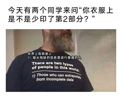 这是一张图文混排的趣味梗图，上方配有中文配文“今天有两个同学来问‘你衣服上是不是少印了第2部分？’”，下方是一位留着灰白大胡子的男性穿着深蓝色创意T恤的实拍画面。T恤上印有英文文字“There are two types of people in this world: 1) Those who can extrapolate from incomplete data”，同时配有对应的中文翻译“世界上有两类人：1) 能从残缺的信息里进行推理的人”。该梗的核心逻辑是：T恤仅列出了第一类人，而第二类人正是那些无法从残缺信息中完成推理、会质疑内容不完整的人，提问的同学恰好成为了T恤所定义的第二类人，形成了巧妙的逻辑闭环，通过这种反差制造出趣味的调侃效果，凸显了逻辑推理的趣味性。