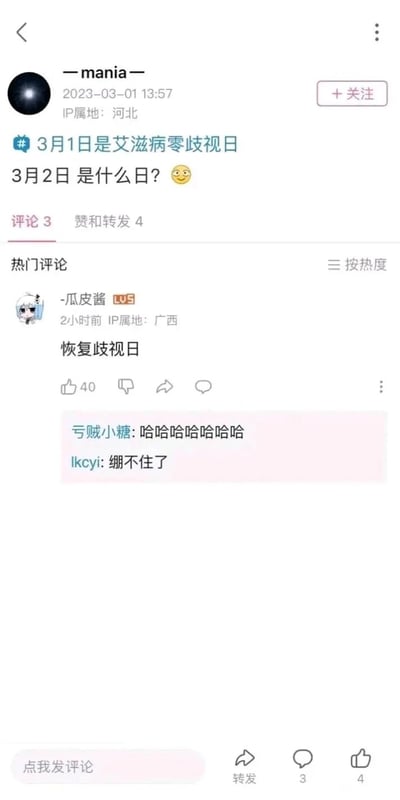 这是一张来自哔哩哔哩（B站）的社交媒体动态截图，用户“—mania—”在2023年3月1日13:57发布动态，关联话题“3月1日是艾滋病零歧视日”，并以玩笑的口吻提问“3月2日 是什么日？”，搭配坏笑表情。热门评论区中用户“-瓜皮酱”以反向玩梗的方式回复“恢复歧视日”，获得40个点赞，另有用户“亏贼小糖”和“lccyi”分别评论“哈哈哈哈哈哈哈”和“绷不住了”，通过反差感制造出搞笑的网络趣味互动效果，属于年轻人常用的社交玩梗形式。