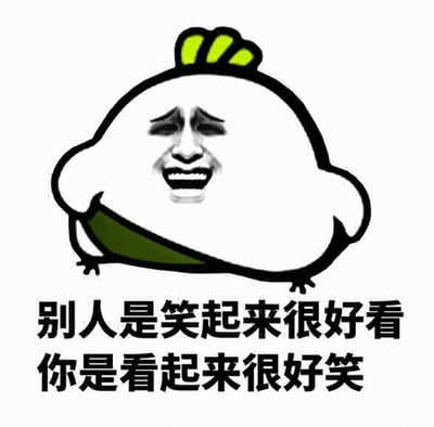 图片中是一个卡通风格的圆形象，身体为白色，头顶有黄色类似鸡冠的装饰，胸前有一片绿色叶子。该形象的面部被替换成一张人类夸张大笑的脸，眼睛眯成一条缝，嘴巴大张露出牙齿，表情滑稽。形象下方配有黑色文字：“别人是笑起来很好看 你是看起来很好笑”，通过对比“笑起来好看”与“看起来很好笑”制造幽默效果，带有调侃意味。