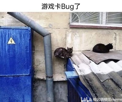 这是一张利用视觉错位制造趣味效果的搞笑梗图。画面中，一只狸花猫的身体被墙面、管道和旁边的物体遮挡，仅露出头部和上半身，从拍摄角度看仿佛“卡”在了墙体内，呈现出类似游戏中角色模型穿模、卡Bug的效果；旁边还有一只正常趴在屋顶上的黑猫，与“卡Bug”的狸花猫形成对比。图片上方配有文字“游戏卡Bug了”，用玩家熟悉的游戏卡Bug场景来调侃这个巧合的视觉错觉，将现实中的画面与游戏体验结合，引发网友的共鸣与笑点。