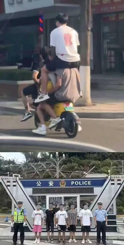 图片分为上下两部分，形成鲜明对比。上半部分显示在街道上，一名男子骑电动车，身后载着另一名男子，而该男子又让一名女子坐在自己肩膀上，形成危险的三层载人方式。下半部分则显示同一批人（五名年轻人）站在公安岗亭前，两侧各有一名警察，显然是因交通违规被交警查获。