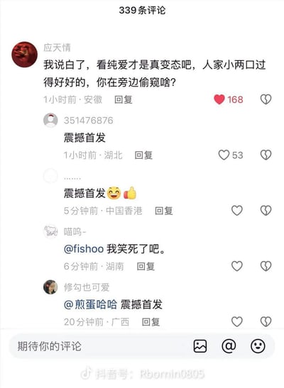 该图片为抖音评论区截图，显示了339条评论中的部分内容。顶部评论用户“应天情”发表争议观点：“我说白了，看纯爱才是真变态吧，人家小两口过得好好的，你在旁边偷窥啥？”并获得168个点赞。下方多条评论出现“震撼首发”的重复内容，部分用户还添加了表情包或@好友，整体呈现出网络讨论中常见的调侃与跟风现象。