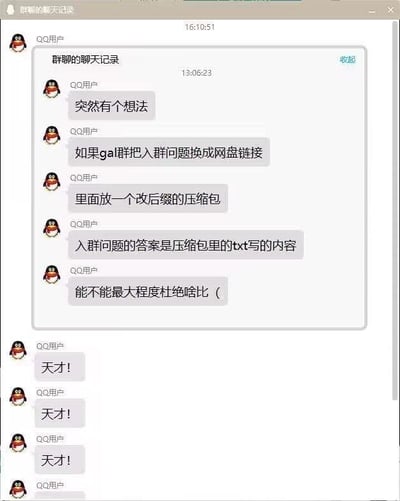 这是一张来自QQ平台的群聊记录截图，群内一名用户提出了一个针对GAL主题QQ群的入群验证创意方案：将入群问题替换为网盘链接，网盘内存放一个修改了后缀名的压缩包，入群问题的答案设置为该压缩包内TXT文件中的内容，以此来筛选真正有意向入群的用户，最大程度杜绝无关或低素质人员（用谐音写法“啥比”指代）加入群聊。其他群成员看到这个想法后，连续发送三条“天才！”来表达对这个创意的认可与赞赏。图中“啥比”是脏话“傻逼”的谐音写法，用于指代低素质、无关的入群人员。