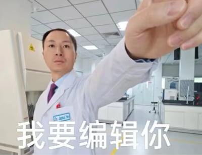 这张图是一张文字加注的真人梗图，画面主体是身穿白大褂的贺建奎，身处实验室环境中，他伸出一只手做出类似抓取的动作，画面下方配有醒目的白色文字‘我要编辑你’。贺建奎曾因基因编辑婴儿事件引发广泛争议，这张图利用他的公众形象和相关事件背景，玩了基因编辑的相关梗，带有戏谑调侃的意味，暗示要对目标进行类似基因编辑的修改行为，多用于网络上调侃想要修改、编辑某个事物的场景。