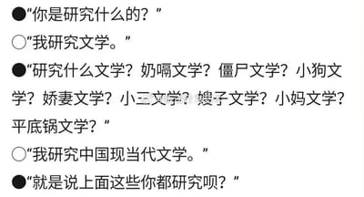 这是一张模拟对话的纯文字搞笑梗图，通过黑色圆点代表的提问者与白色圆点代表的文学研究者之间的对话，制造出搞笑的反差效果。对话流程为：提问者询问对方研究方向，在得到“研究文学”的答复后，列举了奶嗝文学、僵尸文学、小狗文学、娇妻文学、小三文学、嫂子文学、小妈文学、平底锅文学等一系列网络上流行的小众趣味文学类型；当研究者明确说明自己研究的是中国现当代文学时，提问者调侃称这些小众类型都包含在现当代文学研究范围内。这段对话用戏谑的方式，展现了大众对专业文学研究领域的误解，将网络流行的各类趣味文学与正统的现当代文学研究混淆，精准戳中文学从业者在面对大众误解时的无奈与尴尬，引发相关群体的共鸣。