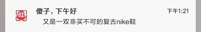 这是一张聊天记录截图，发送者以亲昵的称呼“傻子，下午好”开启对话，随后表达自己又看中了一双非买不可的复古Nike鞋，传递出对这款鞋的喜爱以及强烈的购买意愿，是日常分享购物欲的生活化场景，图中没有双关、谐音梗或暗示类内容。