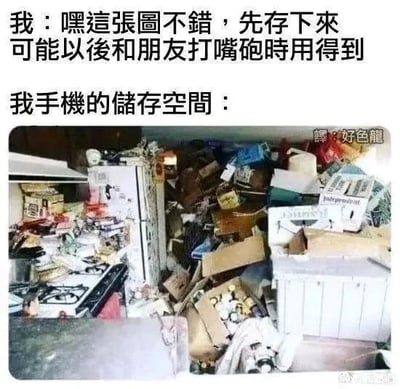 这是一张生活化的搞笑梗图，采用图文混排的形式呈现。上方用繁体中文以第一人称口吻描述自己看到觉得有用的图片就随手保存下来，想着以后和朋友拌嘴时能用上；下方则用一张堆满各类杂物、拥挤混乱的房间照片，来具象化比喻手机的储存空间，生动调侃了手机储存空间被大量随手保存的文件占满，变得拥挤不堪的状态，容易引发有类似经历的用户共鸣。图中右上角有注释“譯：好色龍”，右下角带有社交媒体水印，整体风格轻松幽默。