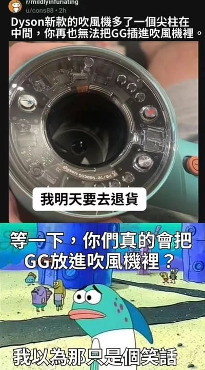 该图为上下拼接的双 panel 梗图。上半部分是 Dyson 新款吹风机的近距离特写，展示其出风口内部新增的中央尖柱结构，配文“Dyson新款的吹风机多了一个尖柱在中间，你再也无法把GG插进吹风机里”，下方叠加“我明天要去退货”的白色对话框，表达用户因设计变化无法进行某种（玩笑式）操作的无奈。下半部分是《海绵宝宝》动画中的绿色鱼角色截图，该角色瞪大双眼、嘴巴微张，配文“等一下，你们真的会把GG放进吹风机里？我以为那只是个笑话”，以夸张的惊讶表情质疑“把GG放进吹风机”这一行为的真实性，形成幽默反差。图中“GG”为网络流行用语，此处作为玩笑中的虚构操作对象，引发搞笑效果。