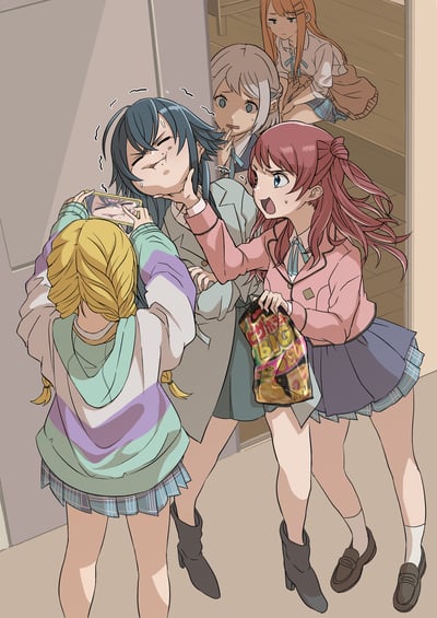 这是《BanG Dream! It's MyGO!!!!!》的同人插画，描绘了成员间的搞笑整蛊场景：长崎爽世捏着高松灯的脸，灯的脸上沾着零食渣，一脸窘迫抗拒；千早爱音举着手机兴奋地拍摄这一“黑历史”；要乐奈在一旁露出尴尬不忍的神情；远处的椎名立希则冷漠地靠在门边旁观。画面还原了角色间鲜活的互动氛围，充满好友间玩闹的趣味感。