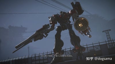 这是FromSoftware开发的机甲动作游戏《装甲核心6：境界天火》的剧情过场截图，画面中红黑配色的机甲“斯拉”在雨夜的工业设施场景中，手持重型枪械俯身摆出极具压迫感的对峙姿态，下方字幕显示斯拉充满敌意的台词“你又养了狗啊，不管几次我都会杀掉他。”，整体氛围紧张，充满强烈的敌对感。