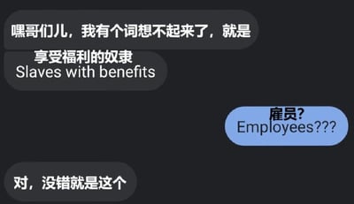 这是一张黑色背景的文字梗图，通过对话形式呈现职场吐槽。上方灰色气泡中文字为“嘿哥们儿，我有个词想不起来了，就是享受福利的奴隶 Slaves with benefits”，右侧蓝色气泡回应“雇员? Employees???”，下方灰色气泡确认“对，没错就是这个”。图中运用讽刺手法，将“雇员”幽默地比作“享受福利的奴隶”，反映对职场关系的调侃。