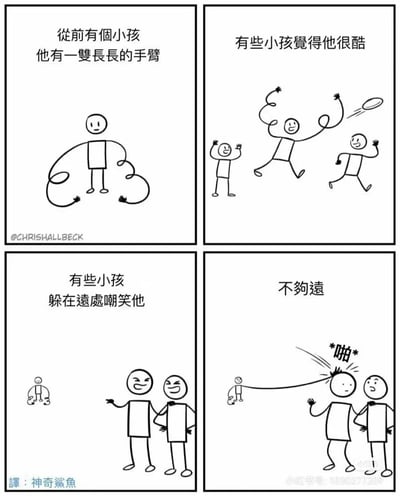 这是一幅四格火柴人搞笑漫画，第一格由旁白介绍有个拥有超长手臂的小孩；第二格展示部分小孩觉得他很酷，和他一起开心地玩飞盘；第三格呈现另一些小孩躲在远处，一脸嘲讽地嘲笑这个长手臂小孩；第四格则是反转，长手臂小孩直接伸出超长的手臂，“啪”地打在嘲笑他的小孩头上，旁白配文“不够远”，用反差感制造幽默，讽刺了那些背后嘲笑他人的人。