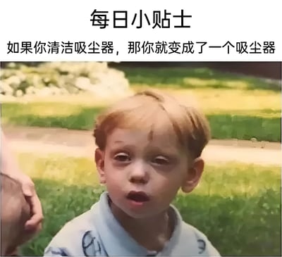 图片上方为黑色文字“每日小贴士”，下方是正文“如果你清洁吸尘器，那你就变成了一个吸尘器”。文字下方是一张户外场景照片，画面中有一名金发儿童，穿着浅蓝色带图案的上衣，背景是绿色草地和白色花丛。儿童表情困惑，眼神略带迷茫，仿佛在思考上方文字的荒诞逻辑。整体通过反差感制造幽默效果，无明显双关或谐音梗。