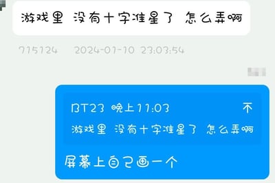 这是一张网络流传的聊天记录截图，背景为浅灰色聊天界面，上方白色气泡是用户在2024年1月10日23点03分54秒发出的提问，内容为「游戏里 没有十字准星了 怎么弄啊」，下方蓝色气泡是另一用户的回复，先重复了一遍提问内容，随后给出了脱离实际、极具调侃性的解决办法「屏幕上自己画一个」，整体充满无厘头的搞笑感，属于趣味网络梗图。