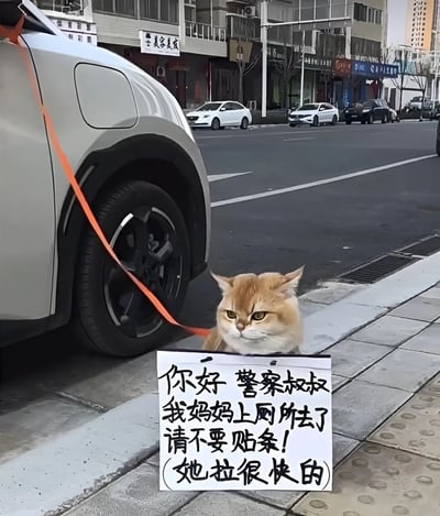 一只橘猫被橙色绳子拴在白色汽车的前轮旁，坐在人行道上，胸前挂着一块手写的标语牌。牌子上写着：“你好 警察叔叔 我妈妈上厕所去了 请不要贴条! (她拉很快的)”。背景是城市街道，有其他车辆和沿街商铺，整体场景幽默有趣，通过猫咪“替主人求情”的方式表达了避免停车罚单的诉求。