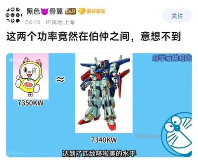这是一张ACG爱好者制作的趣味对比图，将《哆啦A梦》里软萌治愈的哆啦美，和《机动战士Z高达》中的硬核战斗机甲Z高达的功率数值进行对比，显示哆啦美功率为7350KW，Z高达为7340KW，两者数值几乎持平。搭配配文“这两个功率竟然在伯仲之间，意想不到”，打破了大众对治愈系角色和战斗机甲的固有功率认知，带来强烈的反差趣味，在动漫爱好者圈子里引发讨论。