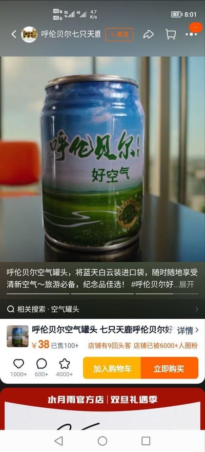 这是一张电商平台商品展示截图，主要展示了一款名为"呼伦贝尔好空气"的空气罐头产品。图片中央是一个蓝色渐变罐体，印有"呼伦贝尔好空气"字样和草原风景图案。下方显示商品价格为38元，已售100+，店铺有9回客，被6000+人圈粉。页面包含商品描述"呼伦贝尔空气罐头，将蓝天白云装进口袋，随时随地享受清新空气~旅游必备，纪念品佳选！"，以及加入购物车和立即购买按钮。