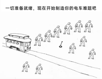 这是一张黑白线稿风格的静态单图，改编自经典伦理学思想实验“电车难题”。图中上方配有文字“一切准备就绪，现在开始制造你的电车难题吧”，画面主体是一辆行驶在轨道上的简笔画电车：主轨道上站立着6个简笔画小人；旁边的分叉轨道上有4个简笔画小人；轨道外侧的地面上还有2个简笔画小人，轨道中间放置着一个道岔扳手。这张图通过增加轨道分支和不同数量的人物，将原本经典的二选一道德难题升级为更复杂的选择困境，以此调侃和拓展原思想实验的讨论维度，给观看者带来更纠结的道德选择思考。