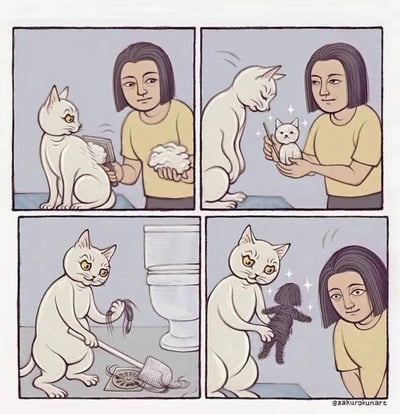 这是一幅四格连环卡通漫画，讲述了充满反转趣味的互动剧情：第一格中，黄衣女生手持梳子和泡沫，一脸平静地给大白猫梳毛，大白猫则露出不情愿的表情；第二格中，女生手中出现了一只由梳下来的猫毛凝聚成的迷你小白猫，女生依旧平静地托着它；第三格场景切换到卫生间，大白猫拿着拖把，一脸严肃地清理地面上的人类头发；第四格中，大白猫手中拿着一个由拖起的头发变成的迷你女生人偶，女生则平静地看着大白猫的“成果”。漫画模仿人类梳猫毛得到毛团小猫的行为，反转设计出猫咪清理人类头发得到人偶的剧情，用拟人化的方式制造出荒诞又有趣的反差感。