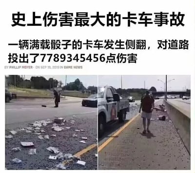 这张梗图由两张真实事故照片拼接而成，上方配有幽默文字：'史上伤害最大的卡车事故 一辆满载骰子的卡车发生侧翻，对道路投出了7789345456点伤害'。左侧照片显示一名路人站在撒满骰子的马路上，右侧照片则是另一名路人走过人行道旁的骰子堆。文字将真实的货物散落事故调侃为游戏中的高伤害事件，制造出搞笑效果。图片底部标注了来源为2019年9月19日GAME NEWS的文章。
