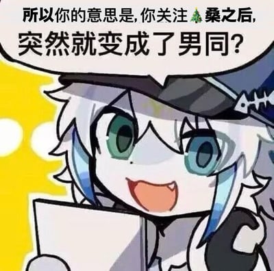 这是一张使用游戏《明日方舟》中浊心斯卡蒂的Q版同人形象制作的搞笑梗图。图中角色睁着异色的大眼睛，露出兴奋好奇的笑容，手持物品，上方的对白气泡里写着“所以你的意思是,你关注🎄桑之后,突然就变成了男同?”，以夸张的提问制造笑点，用来调侃“关注某名为‘圣诞树桑’的博主后性取向发生改变”的搞笑说法，属于玩梗类表情包，风格轻松诙谐。