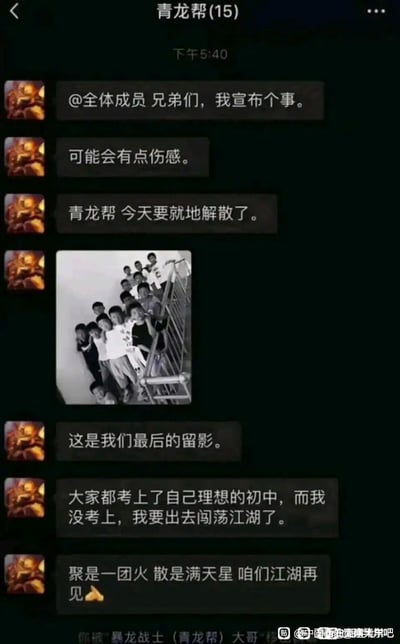 这是一张微信聊天记录截图，群名为“青龙帮(15)”。群内一名成员@全体成员宣布“青龙帮今天要就地解散”，并附上一张十几名少年的黑白集体合影作为“最后的留影”。后续消息解释解散原因是“大家都考上了自己理想的初中，而我没考上，我要出去闯荡江湖了”，最后以“聚是一团火 散是满天星 咱们江湖再见”收尾，搭配一个金元宝emoji。
图片通过“青龙帮”这种江湖气的帮派名称与小学生毕业升学的现实场景形成强烈反差，制造出既伤感又搞笑的喜剧效果，调侃了少年们模仿成人江湖义气的天真可爱。
