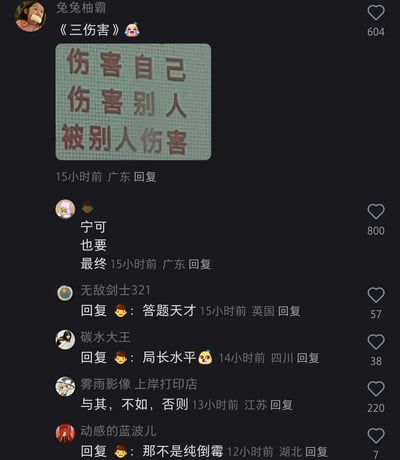 这是一张来自短视频平台评论区的截图，用户“兔兔柚霸”发布了一张印有“伤害自己、伤害别人、被别人伤害”的图片，并将其命名为《三伤害》，以此调侃职场或生活中三种无奈的处境。该内容引发其他网友的趣味玩梗：有网友用“宁可、也要、最终”的句式对应这三句话，被其他网友调侃为“答题天才”“局长水平”，还有网友用“与其，不如，否则”的句式呼应，另有网友调侃这种全占的状态是“纯倒霉”，整体氛围轻松搞笑，是网友对职场生活的趣味解构。