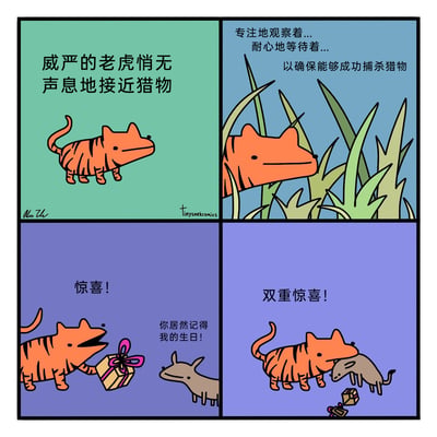 这是一幅四格冷幽默卡通漫画，第一格中，一只画风简约的橙色条纹老虎正悄无声息地移动，配文“威严的老虎悄无声息地接近猎物”，营造出捕猎的氛围；第二格老虎躲在茂密的草丛中，配文“专注地观察着...耐心地等待着...以确保能够成功捕杀猎物”，进一步强化了捕猎的紧张感；第三格剧情反转，老虎拿出系着粉色丝带的礼物盒，喊出“惊喜！”，对面的灰色小动物露出惊讶的表情，说道“你居然记得我的生日！”，打破了读者对捕猎的预期；第四格再次反转，配文“双重惊喜！”，画面里老虎与倒地的小动物贴在一起，礼物盒掉落在地，暗示老虎在送出生日惊喜后依然完成了捕猎，用两层反转制造出荒诞的搞笑效果。