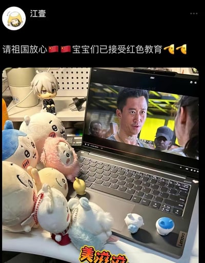 这是一张微信朋友圈截图，用户“江壹”将多个Chiikawa（吉伊卡哇）系列毛绒玩偶、一个白发动漫手办摆放在联想笔记本电脑前，电脑屏幕正播放着吴京主演的爱国电影《战狼2》的片段，画面里吴京正激动地与人对话，字幕显示“你的手是用来救人的 Your hands are for saving lives”。朋友圈配文为“请祖国放心 🇨🇳🇨🇳 宝宝们已接受红色教育 😎😎”，图片下方还添加了“美滋滋”的文字贴纸，用拟人化的方式调侃给玩偶观看爱国电影，充满生活化的趣味，玩梗轻松搞笑。