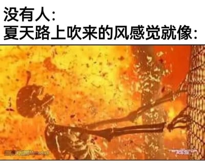 这是一张用来吐槽夏日户外热风的搞笑梗图，采用图文结合的形式呈现。上方用“没有人：夏天路上吹来的风感觉就像：”的无前置对话句式，引出下方极具冲击力的画面：一个机器人的残骸被熊熊烈火包围，骨架损毁严重，仿佛正被高温热风无情灼烧。这一夸张的视觉画面，精准且生动地放大了人们在夏天遭遇户外热风时的糟糕体感——仿佛热风的温度高到能把人烤焦，用荒诞的方式戳中大众在夏日的共同燥热体验，充满搞笑与共鸣感。