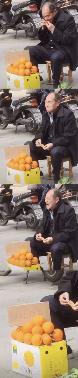 多张拼接的竖图展示一位大爷坐在街头小凳上，面前放着一箱装满橘子的黄色纸箱，箱子上有“甜过初恋”字样。大爷正在剥橘子并品尝，表情从专注逐渐变为开心满足。背景可见停放的摩托车，展现了日常街头的朴实场景。