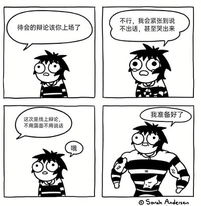 这是一幅四格黑白漫画，描绘了一个社恐人士面对辩论的有趣反应。第一格中，主角表情担忧地被告知"待会的辩论该你上场了"；第二格主角紧张地表示"不行，我会紧张到说不出话，甚至哭出来"；第三格得知"这次是线上辩论，不用露面不用说话"后露出惊讶表情；第四格则瞬间变得自信满满，肌肉发达地说"我准备好了"。通过夸张的反差表现了线上交流对社恐人群的友好。